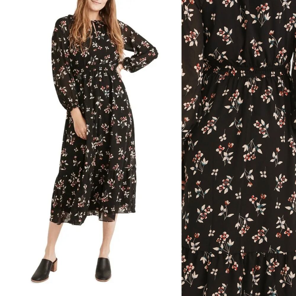 Madewell Posy Floral Gathered Neck Ruffle Dress True Black M Boho Cottagecore